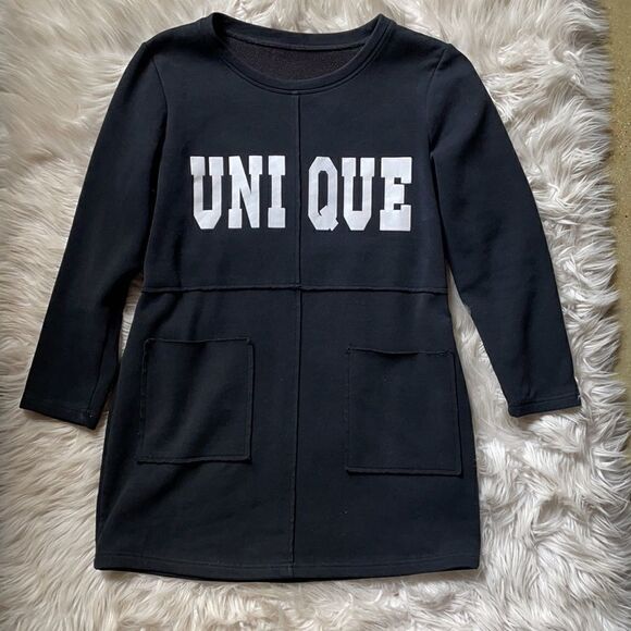 Black Fleece Lined “Unique” Pullover LONG Sweatshirt w/Pockets (Size: Small) - Picture 6 of 12